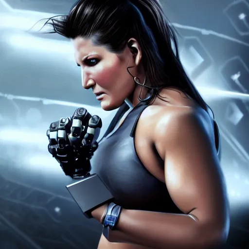 Prompt: beautiful digital painting of gina carano with one robotic cybernetic metallic grey arm, fighting pose, cyberpunk, highly detailed, hyperrealism, concept art, 8 k