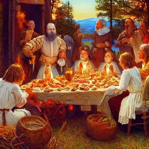 Image similar to the first Thanksgiving, Darrell K Sweet, artstation, digital art, johfra bosschartau