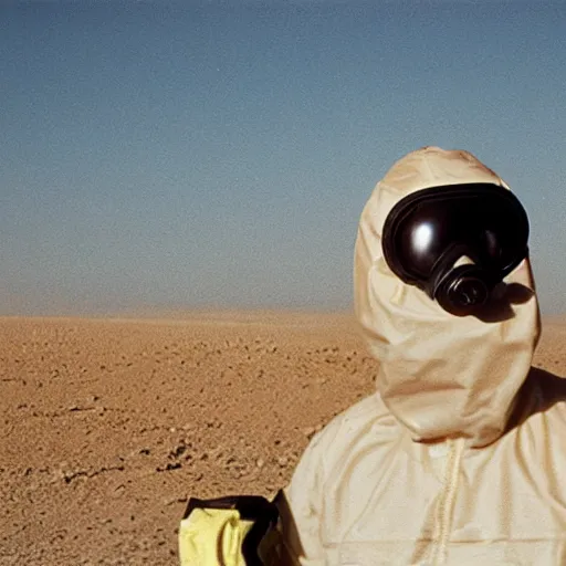 Prompt: a man wearing a hazmat suit and goggles, in the desert, film still