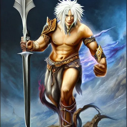 Prompt: Lionman with white hair walking away from a burning city, full body art, wielding a longsword with blue gemstones lining the blade, Painted By Anne Stokes, Dim Lighting