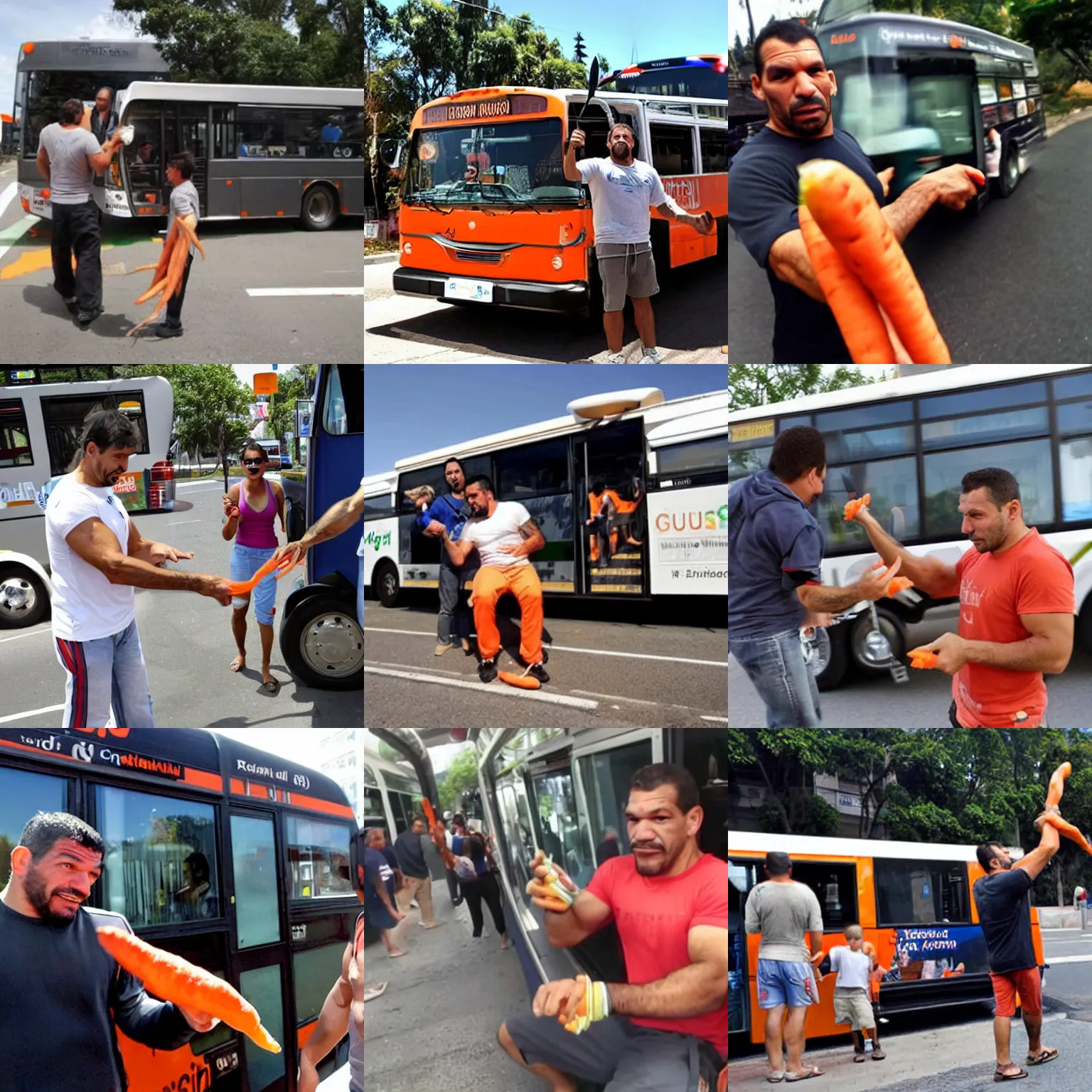 Prompt: antonio rodrigo nogueira holds a carrot up to a bus while antonio rogerio nogueira pets the bus with his hand ; google street view photo