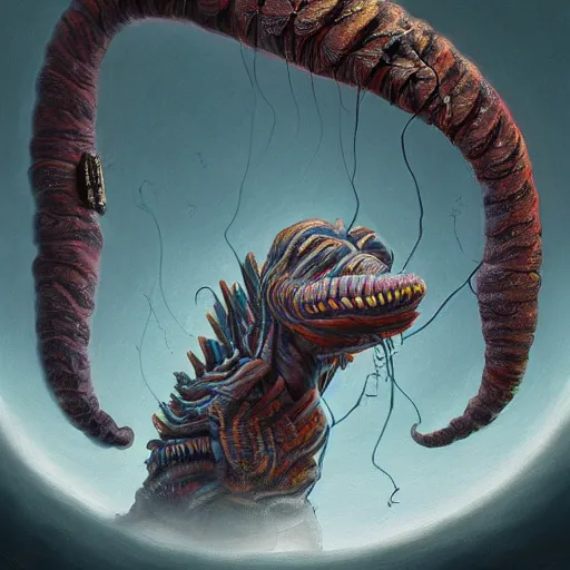 Image similar to surreal painting of man transforming into a worm creature digital painting, concept art, trending on artstation, highly detailed, epic composition, 8 k uhd