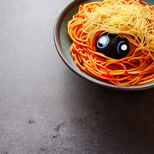 Prompt: An angry spider in a bowl of spaghetti