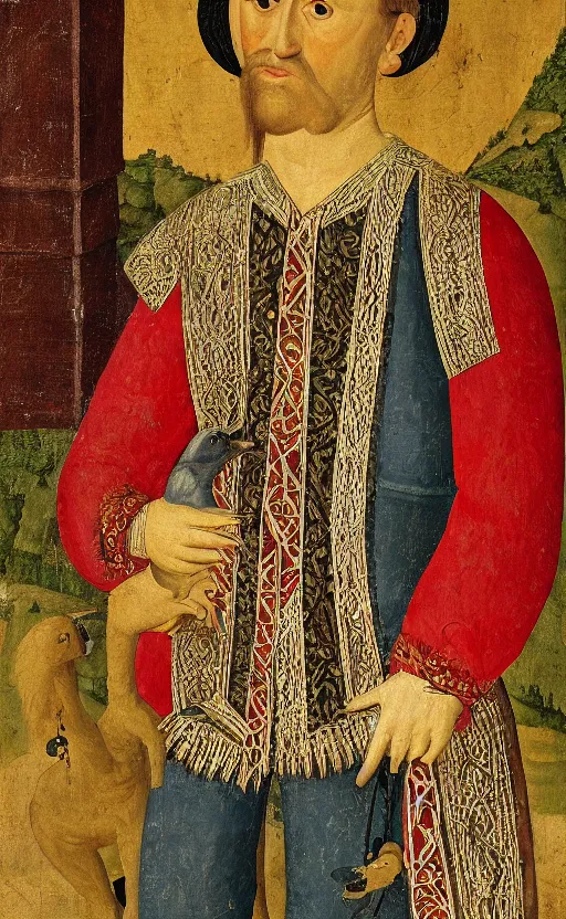 Image similar to portrait of a serbian king holding his pet dodo, painting, 1 5 th century, high quality,