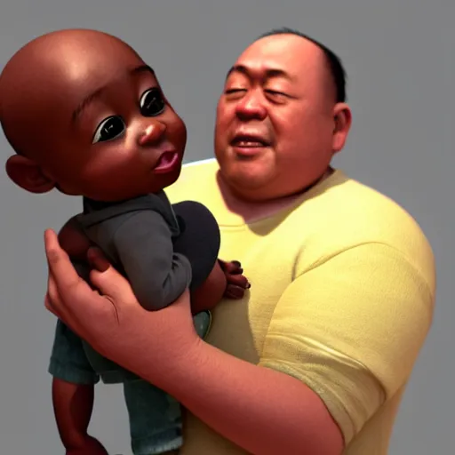 Image similar to black baby held by confused asian man, award winning art, pixar, 3 d render, unreal engine