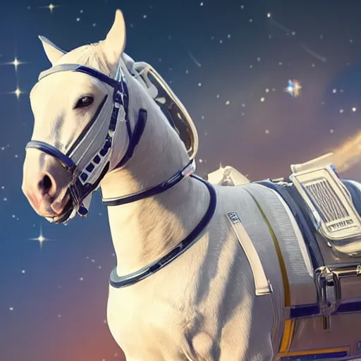 Prompt: horse wearing a space suit floating in outer space, high tech saddle, highly detailed, stars in the background, nasa picture, 4 k, octane render, highly realistic photograph, full body shot