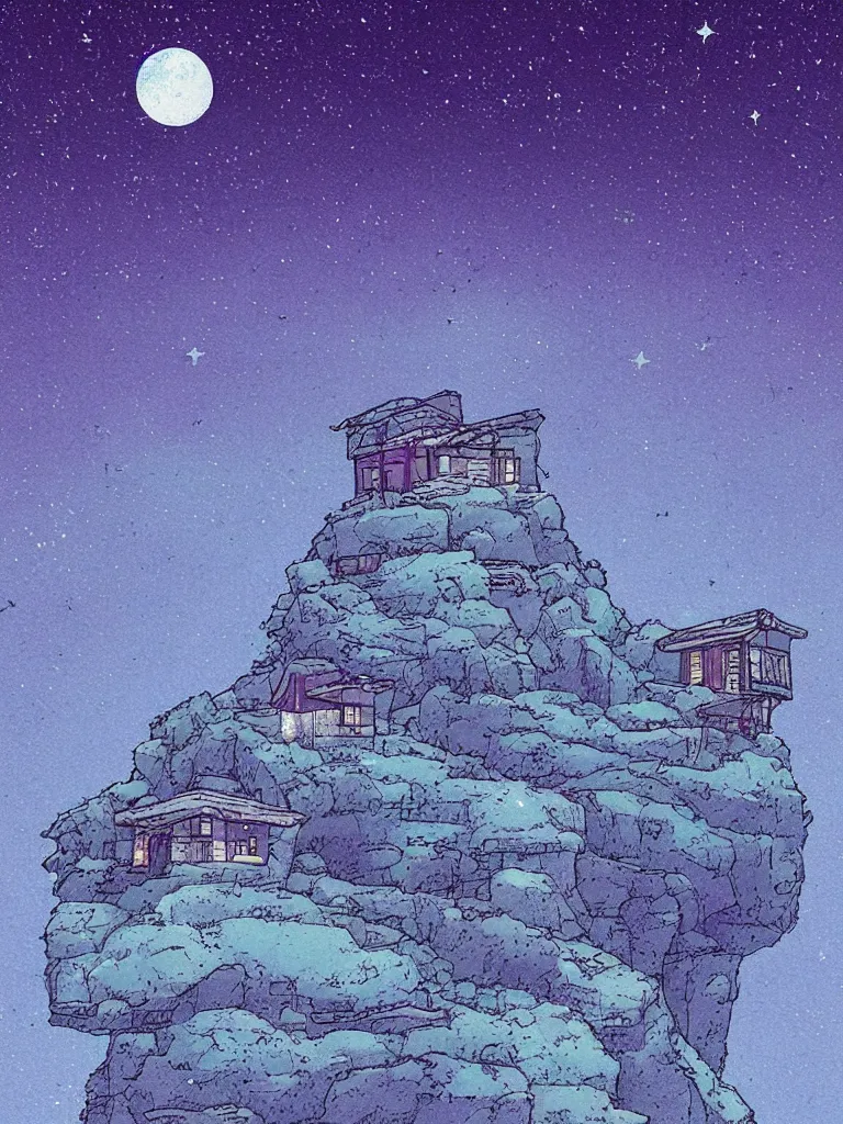 Image similar to a digital art of a small house on the cliff, a huge icy blue moon, a purple sky full of small stars, by laurie greasley, artstation, studio ghibli color scheme