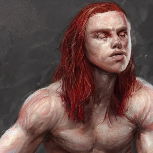 Image similar to portrait of a teen boy with long red hair and a lot of freckles and muscular, intricate, highly detailed, digital painting, artstation, sharp focus, illustration