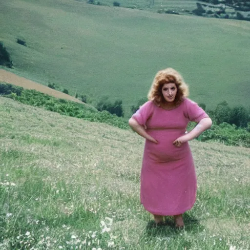 Prompt: middle aged woman who is half human, half muppet, wearing a dress, in the hillside, 1980 French film, archival footage, technicolor film expired film live-action, 16mm