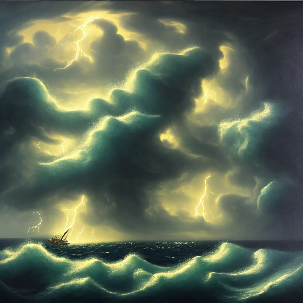 Image similar to a fantasy seascape. subject : giant dark kraken in a stormy sea with a small boat, giant waves, lightning in the background, oil painting, 4 k