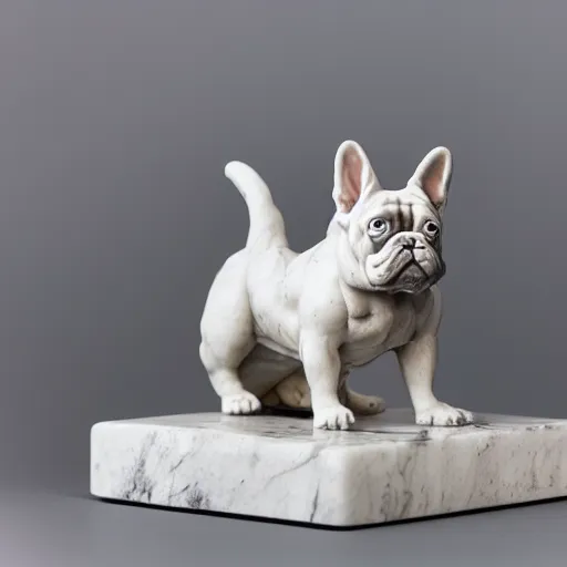 Image similar to a photo of a marble sculpture of a French bulldog, 35mm, Pentax