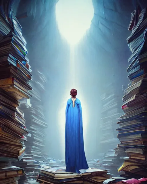 Image similar to highly detailed surreal vfx portrait of a female mage with a blue cape in a labyrinth of books, stephen bliss, unreal engine, greg rutkowski, loish, rhads, beeple, makoto shinkai and lois van baarle, ilya kuvshinov, rossdraws, tom bagshaw, alphonse mucha, global illumination, detailed and intricate environment