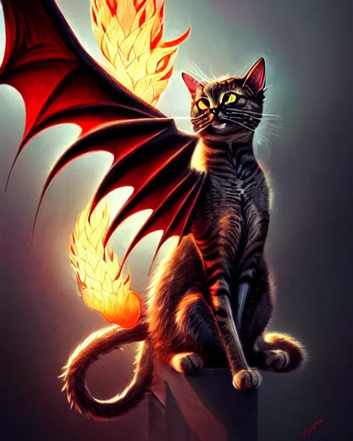 Prompt: A cat with dragon wings, digital art, intricate fire designs, elegant, highly detailed, sharp focus, art by Artgerm and Greg Rutkowski and WLOP