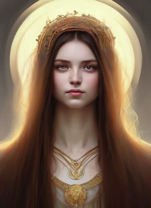 Image similar to beautiful ukrainian feminine face! portrait of young woman blessed by god with ever - increasing physical and mental perfection, beautiful hair, symmetrical! intricate, elegant, highly detailed, vision of holy perfection!! smile, digital painting, artstation, concept art, smooth, sharp focus, illustration, art by artgerm and greg rutkowski and alphonse mucha