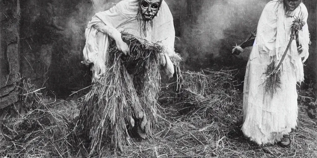 Image similar to 1 9 2 0 s spirit photography of an old female farmer turning into a krampus ghost with hay cloth in the dolomites, by william hope, dark, eerie, grainy