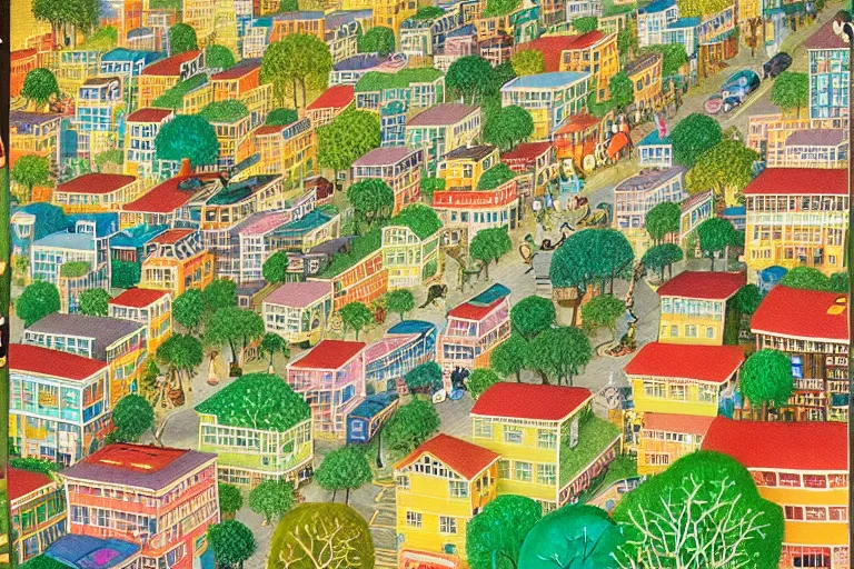 Image similar to an elaborate and dense painting of a peaceful neighborhood, detailed, made of alcohol ink on parchment and penned illustrations, by richard scarry and beeple
