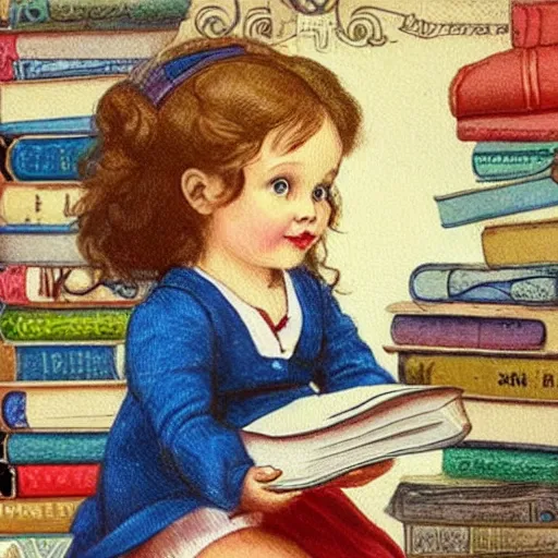 Image similar to the word fee is at the top of the image. a cute little girl with a round cherubic face, blue eyes, and short wavy light brown hair sitting on top of a stack of books. beautiful cartoon painting with flat colors and highly detailed face, outlining, children's storybook