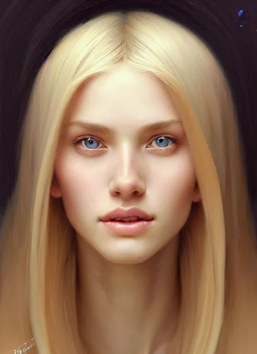 Image similar to beautiful feminine face! portrait of young woman blessed by god with ever - increasing physical and mental perfection, blonde hair, symmetrical! intricate, elegant, highly detailed, vision of holy perfection!! smile, digital painting, artstation, concept art, smooth, sharp focus, illustration, art by artgerm and greg rutkowski and alphonse mucha