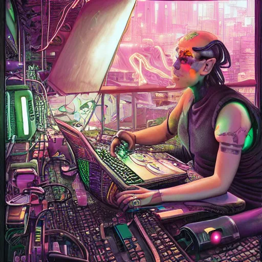 Prompt: cyberpunk goth baby cyborg working on cyberpunk computer in cyberpunk farmers market by william barlowe and pascal blanche and tom bagshaw and elsa beskow and enki bilal and franklin booth, neon rainbow vivid colors smooth, liquid, curves, very fine high detail 3 5 mm lens photo 8 k resolution