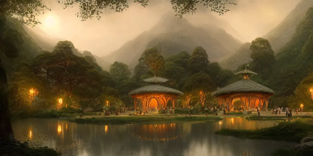 Prompt: The Pavilion in Rivendell, evening, detailed matte painting, cinematic, Alan Lee, Artstation