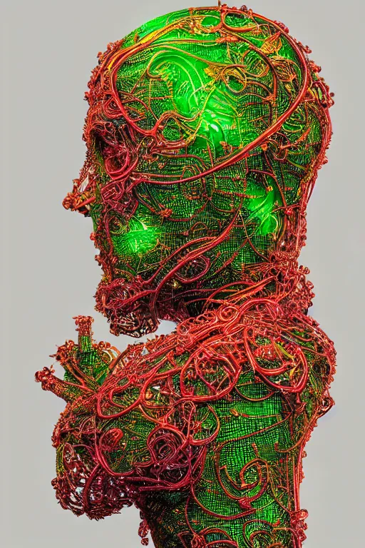 Image similar to a melancholic realistic 8k sculpture of a complex robotic human face, liquid metal simulation, bright psychedelic neon colors, dark dramatic lighting, hexagonal mesh wire, filigree intricate details, cinematic, fleshy, red blossoms, green ivy, elegant, 50mm lens, DOF, octane render, art nouveau, 8k post-processing, intricate art by greg rutkowski