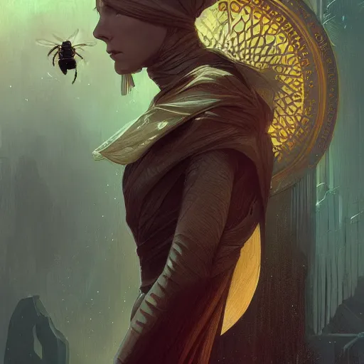 Image similar to portrait, female bene gesserit, bee keeper, d & d, fantasy, intricate, elegant, highly detailed, digital painting, artstation, concept art, matte, sharp focus, illustration, art by artgerm and greg rutkowski and alphonse mucha