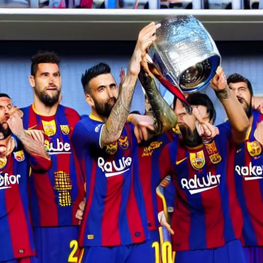 Prompt: fc barcelona team raising a lever as a trophy