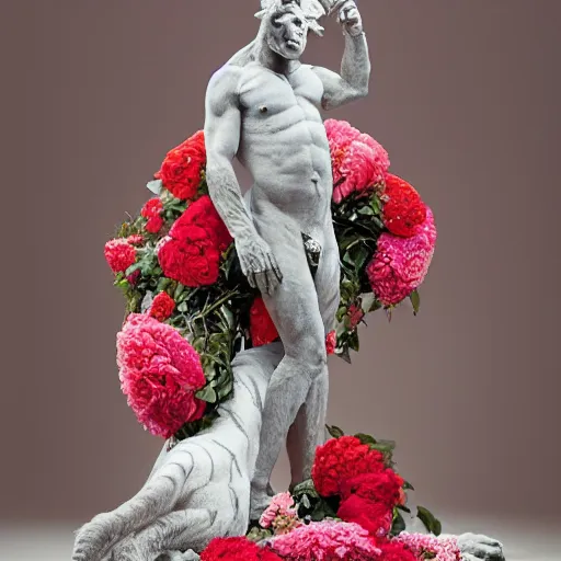 Prompt: a statue of a tiger [ made of [ roses ]!! ], [ 4 k photorealism ]!!, shot by jimmy nelson, irving penn, peter kemp, hans bellmer, and slim aarons