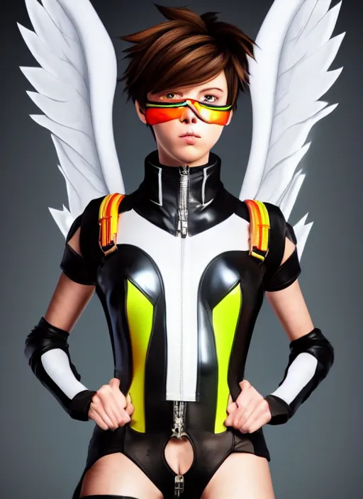 Image similar to portrait bust digital artwork of tracer overwatch, wearing white iridescent rainbow latex and leather straps catsuit outfit, 4 k, expressive happy smug expression, makeup, in style of mark arian, angel wings, wearing detailed black leather collar, chains, black leather harness, detailed face and eyes,