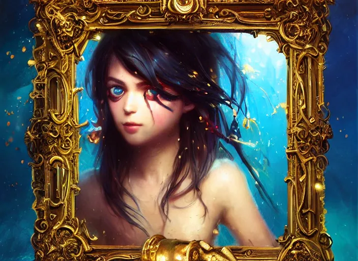 Prompt: full body picture of a pirate girl, hard breathing, messy hair, very excited, sparkling eyes, front of the treasure box, magic and fantasy, whale monsters, coveted, beautiful and aesthetic and attractive and detailed face, specular reflection, occlusion shadow, intricate, bokeh, masterpiece, by ilya kuvshinov and jeremy lipking and quentin mabille