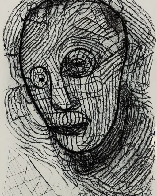 Image similar to portrait of a demon. Line drawing by Paul Klee. Pen and ink by Dali.