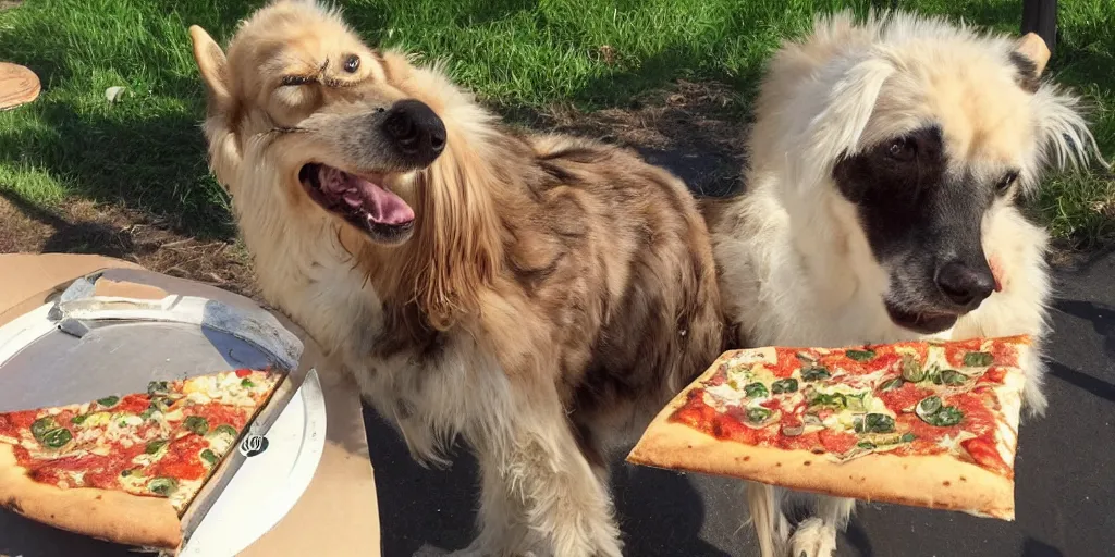 Image similar to a handsome dog the bounty hunter shares pizza with a furry, by wanda gag