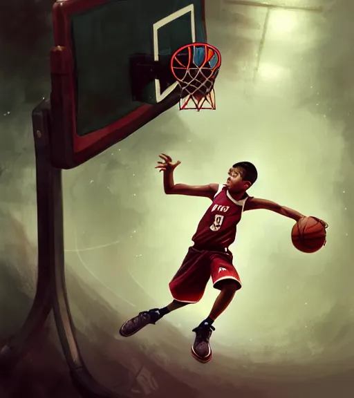 Image similar to a boy at a basketball court playing basketball wearing a basketball uniform in a basketball court, intense emotion, intricate, elegant, highly detailed, centered, digital painting, artstation, concept art, smooth, sharp focus, illustration, by Peter Mohrbacher, WLOP