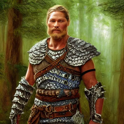 Image similar to travis fimmel in chainmail as a fantasy warrior, in the forest, oil painting, 8 k, high detail, heroic, dramatic, in the style of brom, book cover, award winning