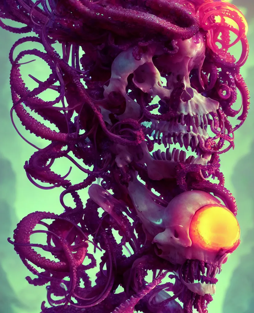 Image similar to goddess close - up portrait human skeleton, ram skull, squid phoenix jellyfish, orchid, betta fish, bioluminiscent, intricate artwork by tooth wu and wlop and beeple. octane render, trending on artstation, greg rutkowski very coherent symmetrical artwork. cinematic, hyper realism, high detail, octane render, 8 k