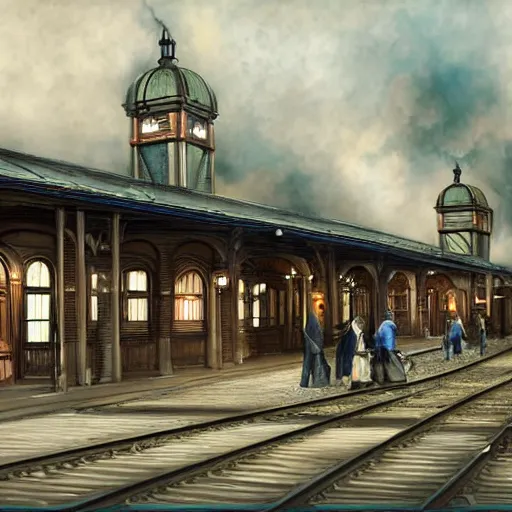 Image similar to realistic digital painting of a steampunk train station, Victorian, futuristic