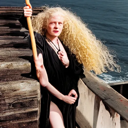 Prompt: a woman looking sick and leaning over the railing of a ship, a beautiful english woman with a long face narrow nose pale skin blue eyes red lips and wild messy tangles of curly white blonde hair, high resolution film still wearing a black robe and skull necklace and holding a spear, sandy, a journey to the west