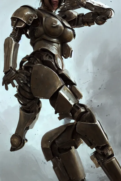 Image similar to a photorealistic painting of an attractive young girl, partially clothed in dirty metal-plated battle armor, dirty olive skin, long dark hair, beautiful bone structure, perfectly symmetrical face, perfect eyes, intricate, elegant, action pose, digital painting, concept art, illustration, sharp focus, minimal artifacts, volumetric lighting, from Metal Gear, in the style of Ruan Jia and Mandy Jurgens and Greg Rutkowski, trending on Artstation, award winning