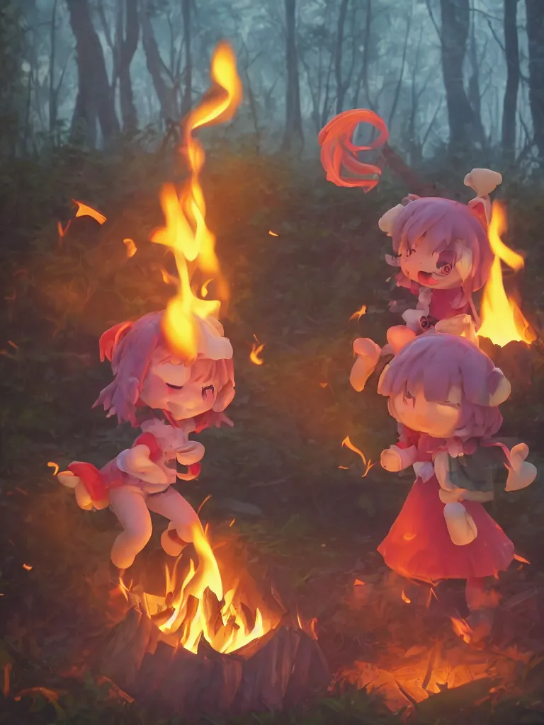 Prompt: cute fumo plush manic happy pyromaniac girl giddily starting a fire in the forest, campfire flames burning, warm glow and volumetric smoke vortices, rule of thirds composition, vignette, vray