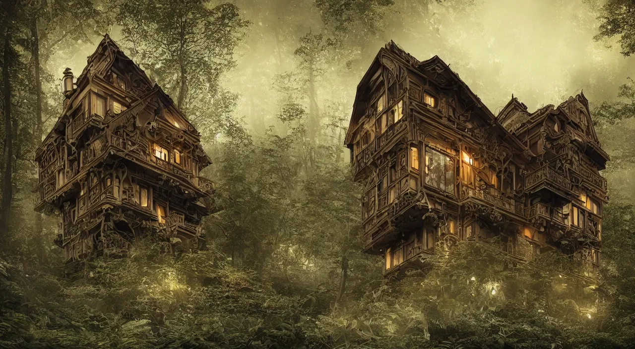 Image similar to a small wooden house built of carbon fibre surrounded by a dense forest, retro dark vintage sci-fi, matte illustration, highly detailed, baroque, crazy detail, intricate, elite, ornate, elegant, extravagant, dramatic lighting, CGsociety, hyper extremism, golden ratio, ambient key art, octane rendering, weta digital, micro detail, 3d sculpture, structures, ray tracing 8k