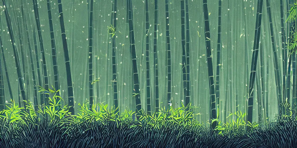 Prompt: a lightning bolt cuts through a bamboo forest, moonlight, tiny fireflies glowing, illustration style, graphic illustration, 4 k wallpaper, drawn by hiroshi yoshida.