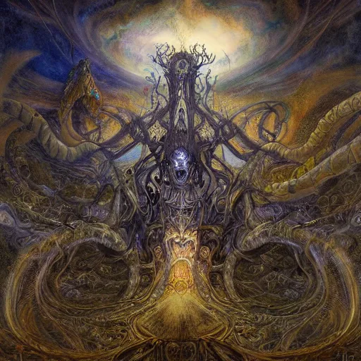 Image similar to muscular eldritch radiating town fractal shimmering phantasm, by h. r. giger and esao andrews and maria sibylla merian eugene delacroix, gustave dore, thomas moran, pop art, chiaroscuro, biopunk, art nouveau