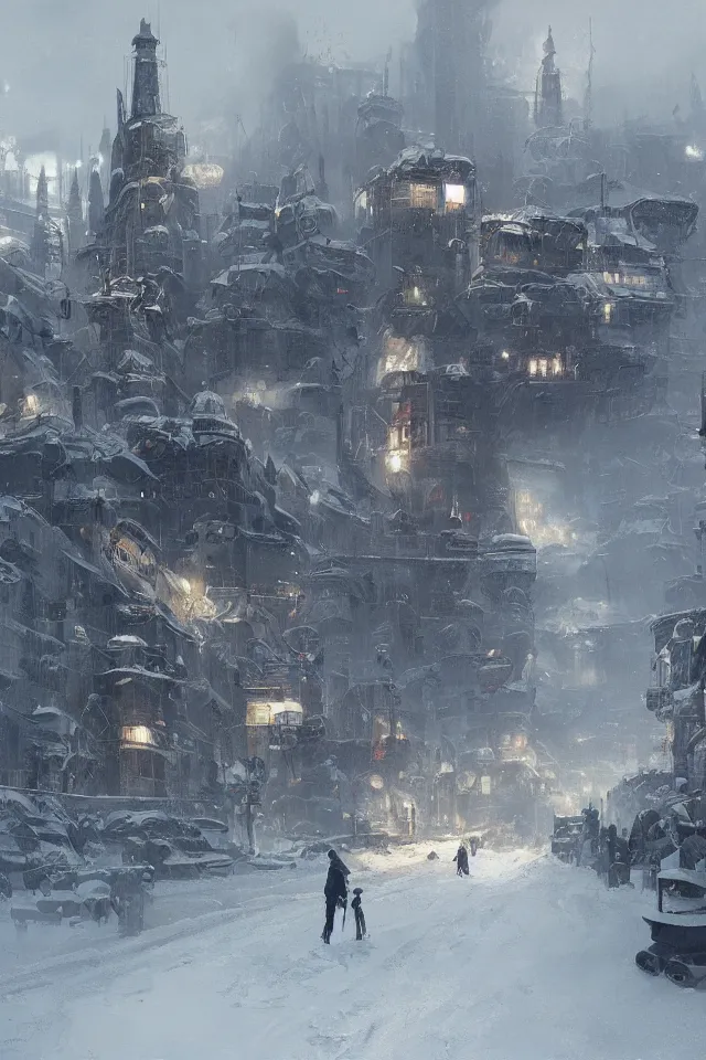 Image similar to highly detailed painting of dieselpunk stockholm, winter, snow, dystopia, by greg rutkowski, 4 k resolution, trending on artstation