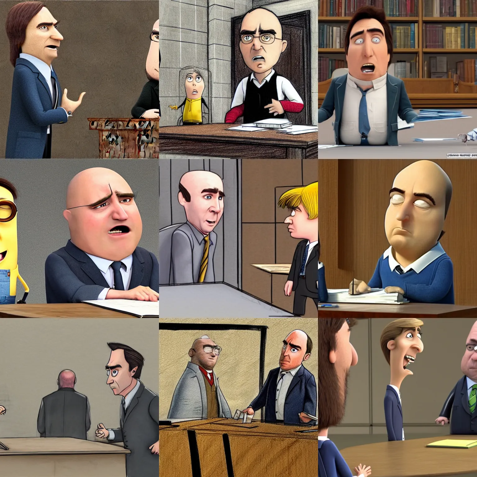 Prompt: A realistic courtroom sketch of Jimmy McGill from the television show Breaking Bad arguing with Gru from the movie Despicable Me