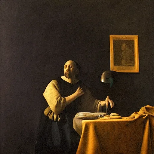 Image similar to the last man on earth, charcoal painted by johannes vermeer