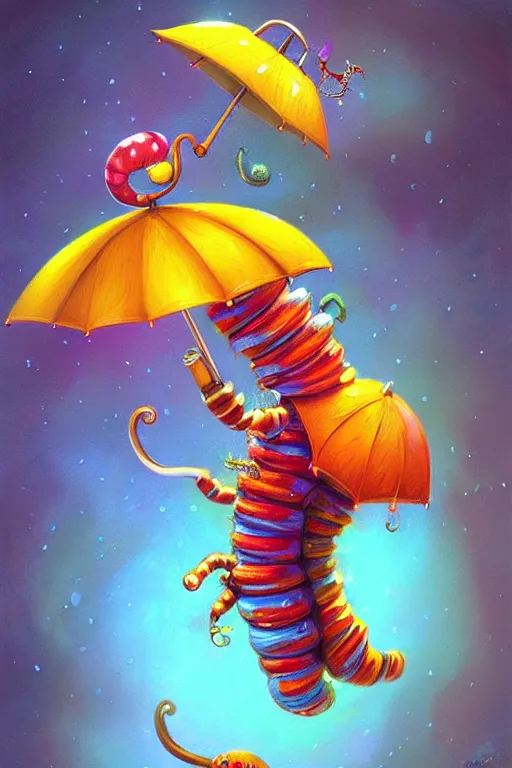 Image similar to a cute caterpillar with an umbrella, colorful, fantasy, intricate, highly detailed, digital painting, HQ, trending on artstation, illustration, style of Stanley Artgerm and Greg Rutkowski and Dan Mumford