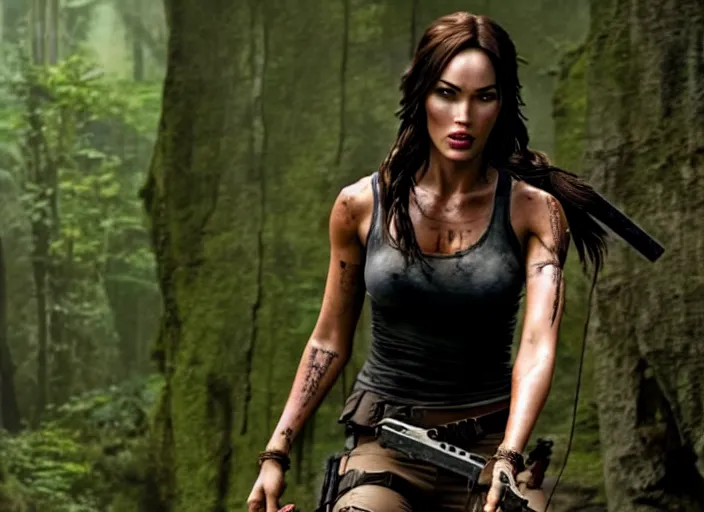 Image similar to film still of!!!! megan fox!!! as lara croft in new tomb raider movie, 8 k