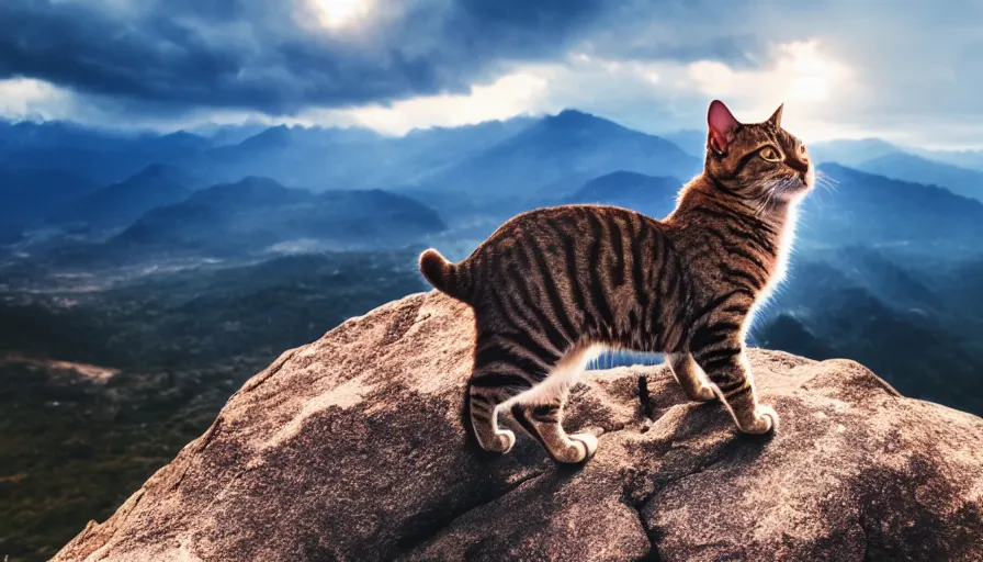 Prompt: a cat standing on the peak of a mountain range, looking up, realistic, epic lighting, epic composition, 4 k