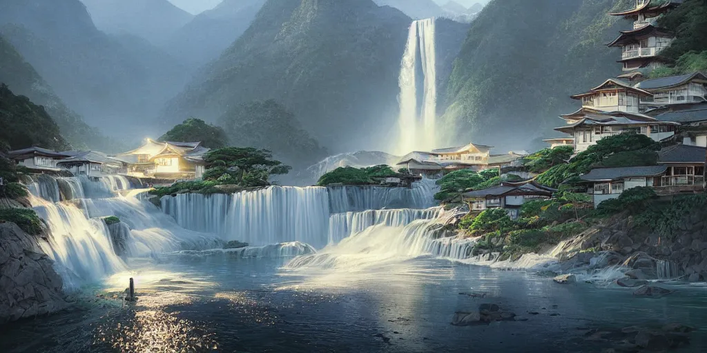 Prompt: beautiful waterfall between lush mountains late at night casting rays of light into japanese fishing village below, highly detailed, modern architecture, sharp focus, artgerm, cgsociety, desaturated by syd mead