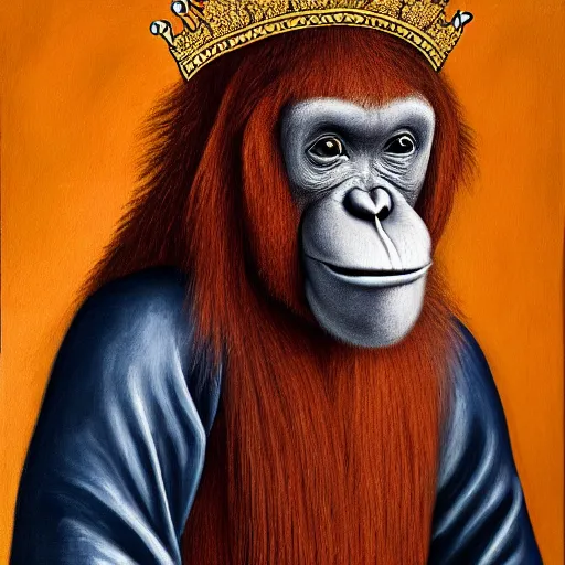 Prompt: a royal medieval portrait painting of an orangutan wearing a crown and smoking a cigarette, 4 k, hyper realistic, dslr, landscape, high resolution, painting,